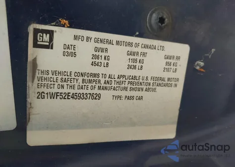 2005 Chevrolet Impala из США, поврежденный, VIN 2G1WF52E459337629